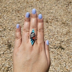 Zuni Multi Stones Diamond Shape Sterling Silver Native American Jewelry Sz 6.5US